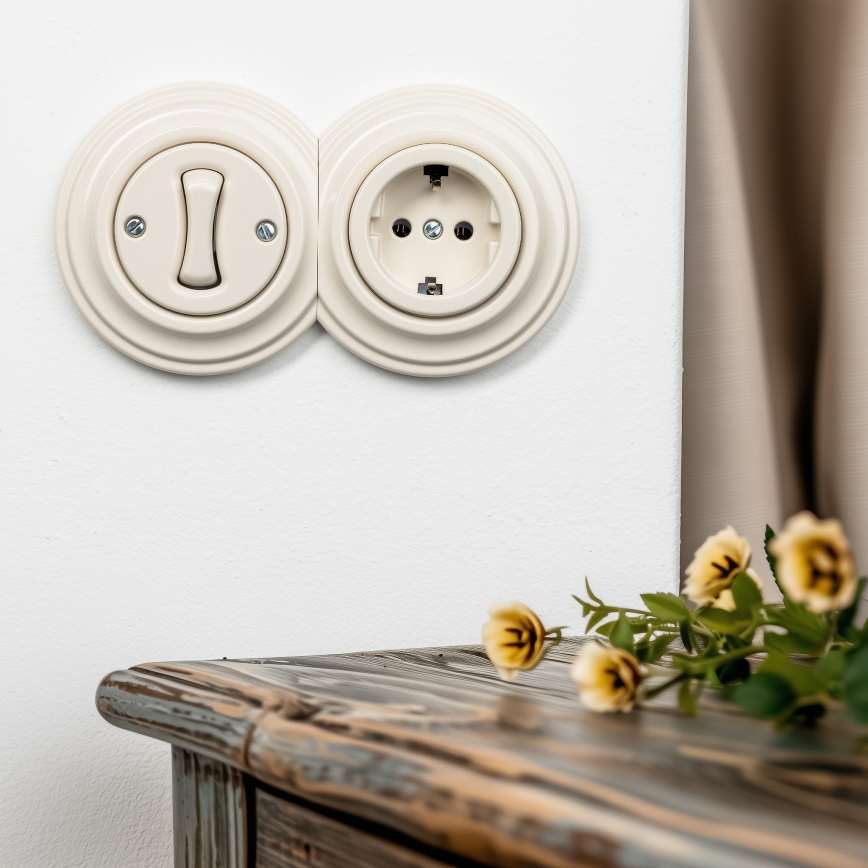 Kliklap - Retro eenpolige schakelaar nr. 1 en SCHUKO-stopcontact 230 V met beige afdekraam