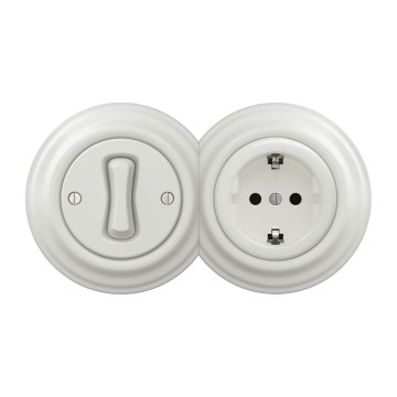 Kliklap - Retro eenpolige schakelaar nr. 1 en SCHUKO-stopcontact 230 V met wit afdekraam