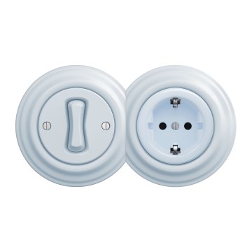 Kliklap - Retro eenpolige schakelaar nr. 1 en SCHUKO-stopcontact 230V met afdekraam, blauw