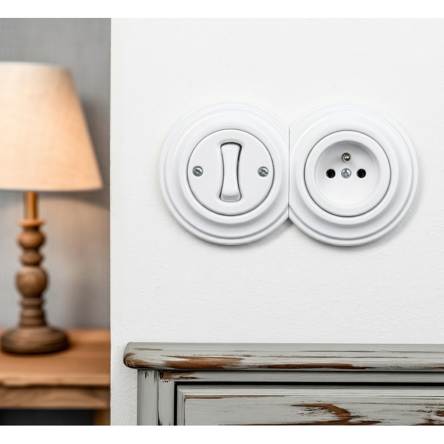 Kliklap - Retro eenpolige schakelaar nr. 1 en stopcontact 230V met afdekraam, sneeuwwit