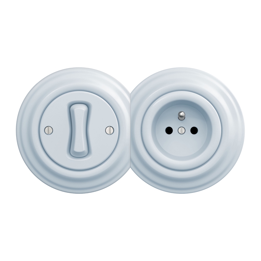 Kliklap - Retro enkelpolige schakelaar nr. 1 en 230V stopcontact met afdekraam, blauw