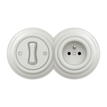 Kliklap - Retro enkelpolige schakelaar nr. 1 en stopcontact 230 V met afdekraam, keramisch wit