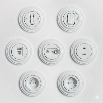 Kliklap - Retro huishoudelijke wandcontactdoos met frame, SCHUKO 230V/16A, sneeuwwit