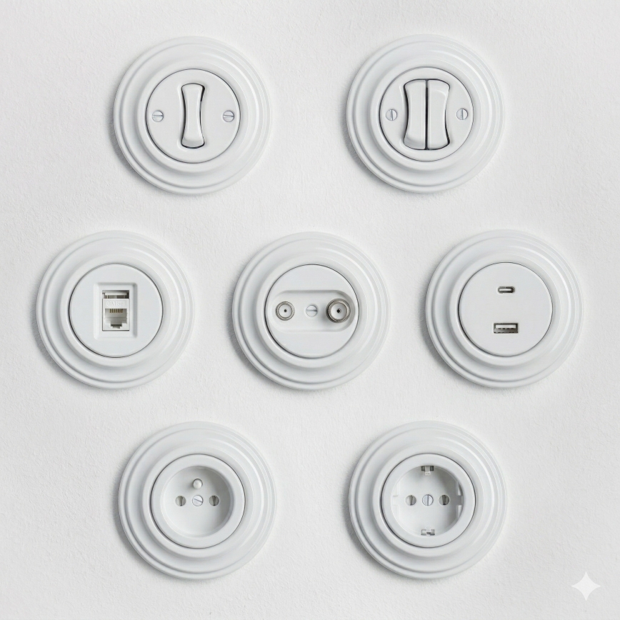 Kliklap - Retro trappenhuisschakelaar met frame nr. 6 in sneeuwwit