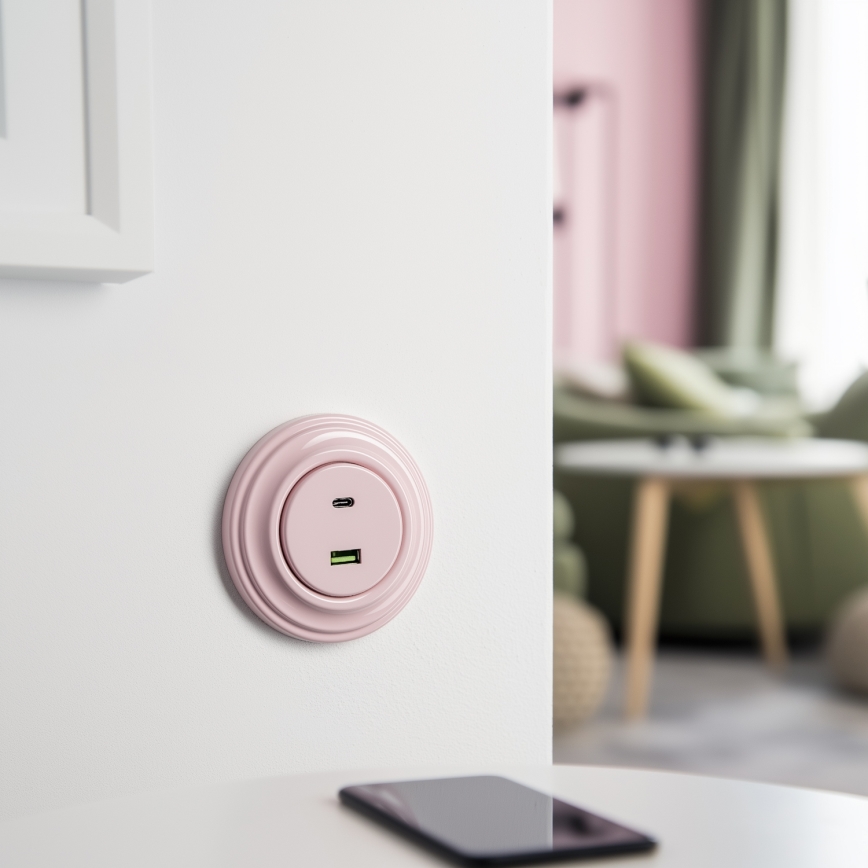 Kliklap - Retro USB-stopcontact (USB-A + USB-C) met afdekraam, oudroze