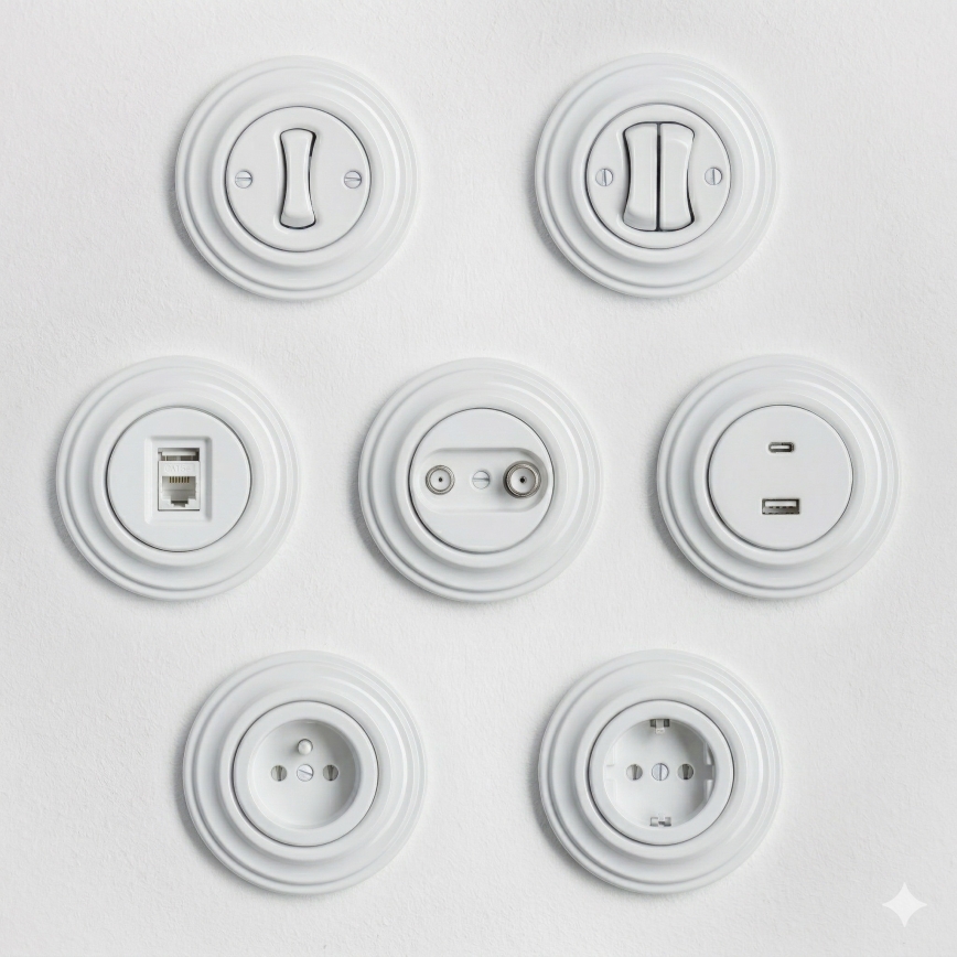 Kliklap - Retro wandcontactdoos met afdekraam 230V sneeuwwit