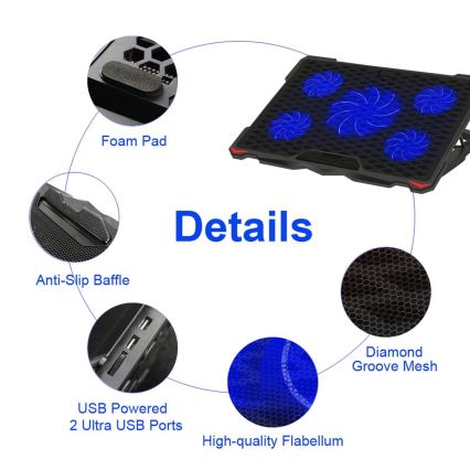 Koelsysteem voor een Laptop 5x fan 2xUSB zwart