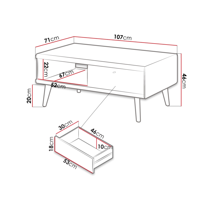 Koffie Tafel PRIMO 46x107 cm eiken riviera/wit