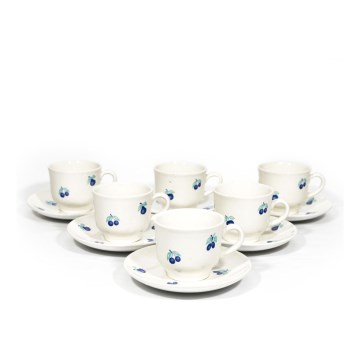 Koffieservies 6x keramiek kop met schotel wit blauw