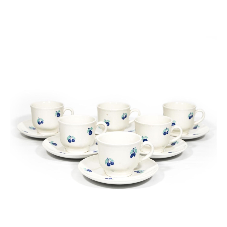 Koffieservies 6x keramiek kop met schotel wit blauw