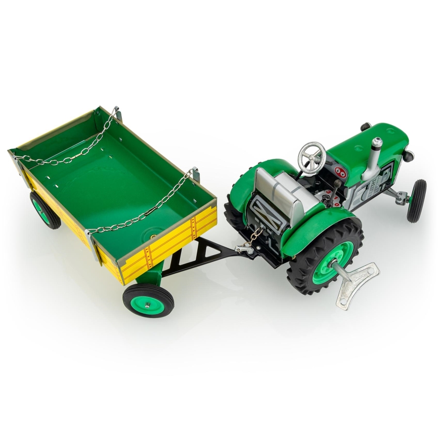 KOVAP tractor met aanhangwagen en opwindsleutel, groen/geel