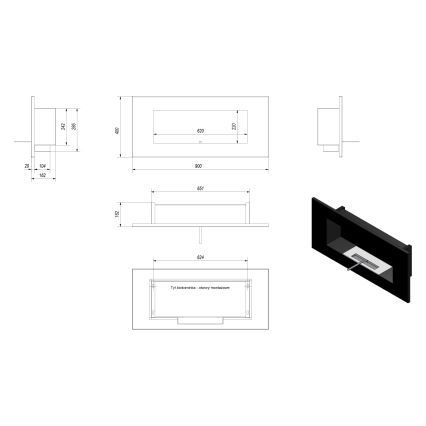 Kratki - Inbouw BIO-open haard 40x90 cm 2kW zwart