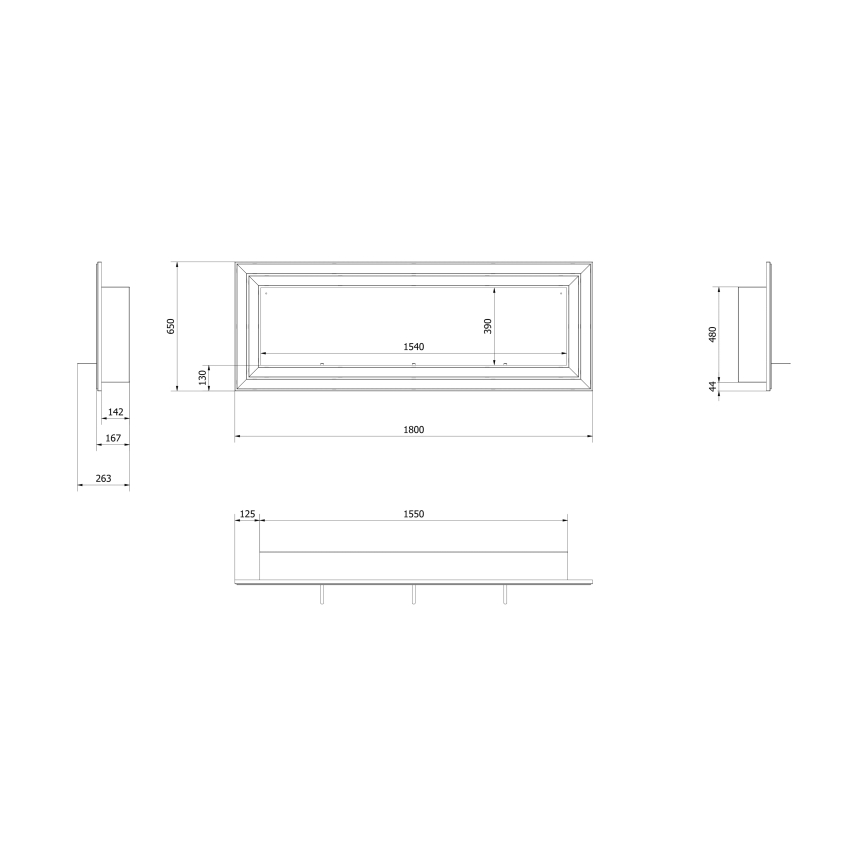 Kratki - Inbouw BIO-open haard 65x180 cm 3x2,5kW glanzend chroom
