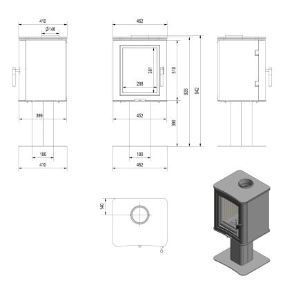 Kratki - Houtkachel van staal 7kW 150mm