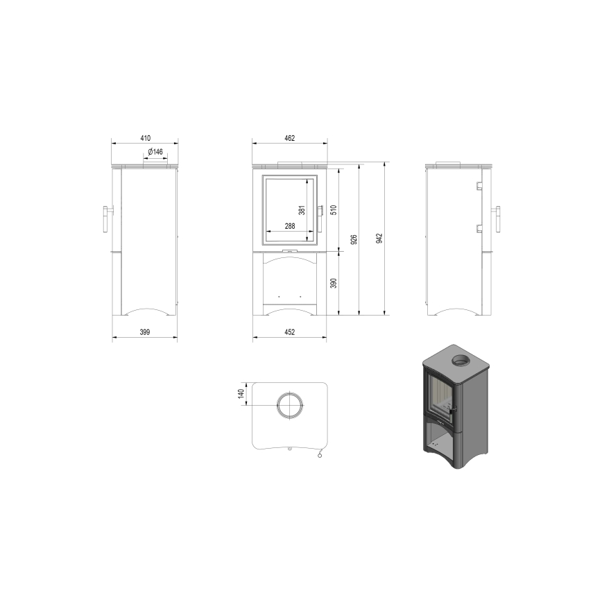 Kratki - Houtkachel van staal 7kW 150mm