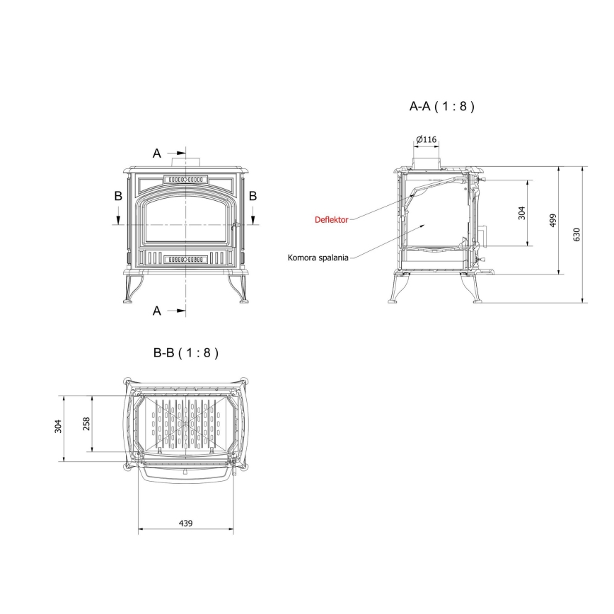 Kratki - Gietijzeren houtkachel 8kW 130mm