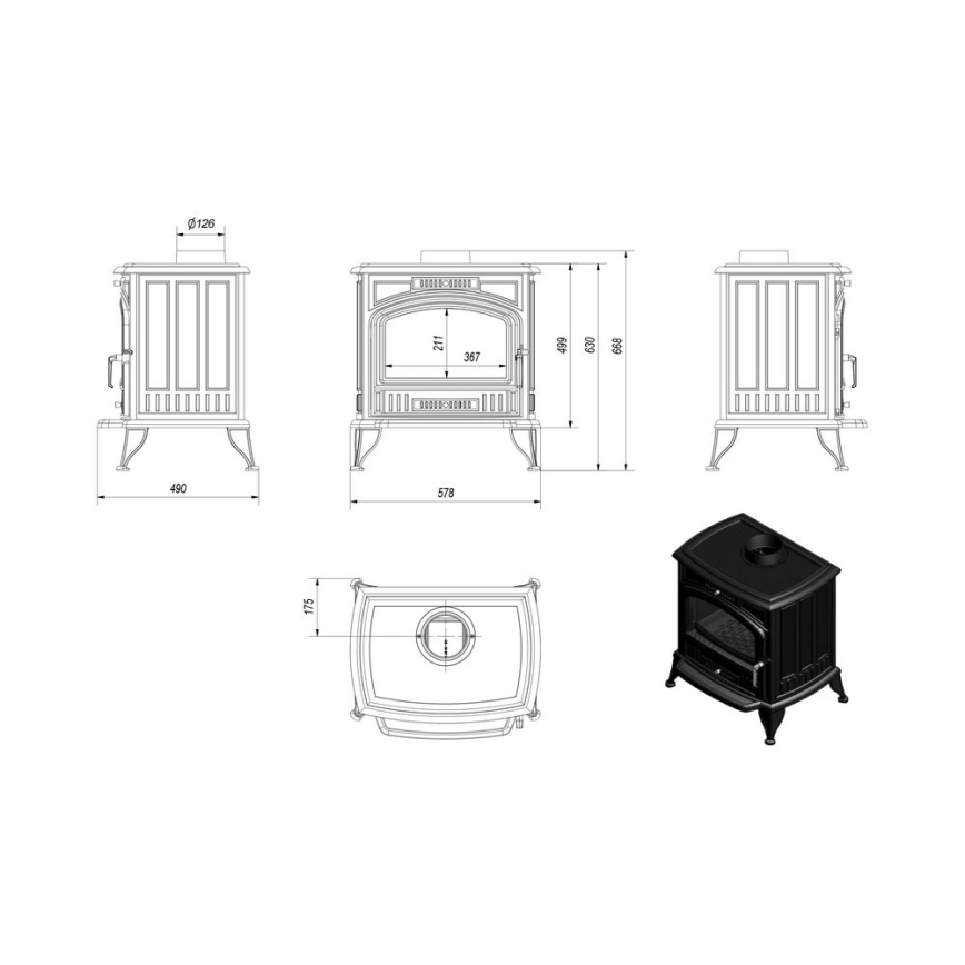 Kratki - Gietijzeren houtkachel 8kW 150mm