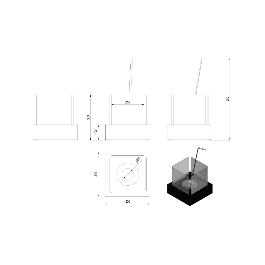 Kratki - BIO-open haard 30,3x30 cm 1kW wit