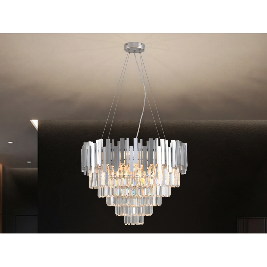 Kristallen kroonluchter met kabelophanging PLAZA 9xE14/40W/230V Ø 60 cm, zilver