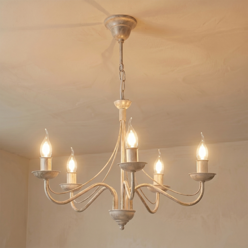 Kroonluchter aan ketting ANTON 5xE14/60W/230V witte patina
