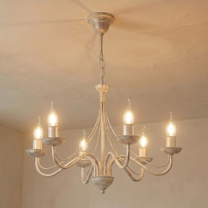 Kroonluchter aan ketting ANTON 6xE14/60W/230V wit patina