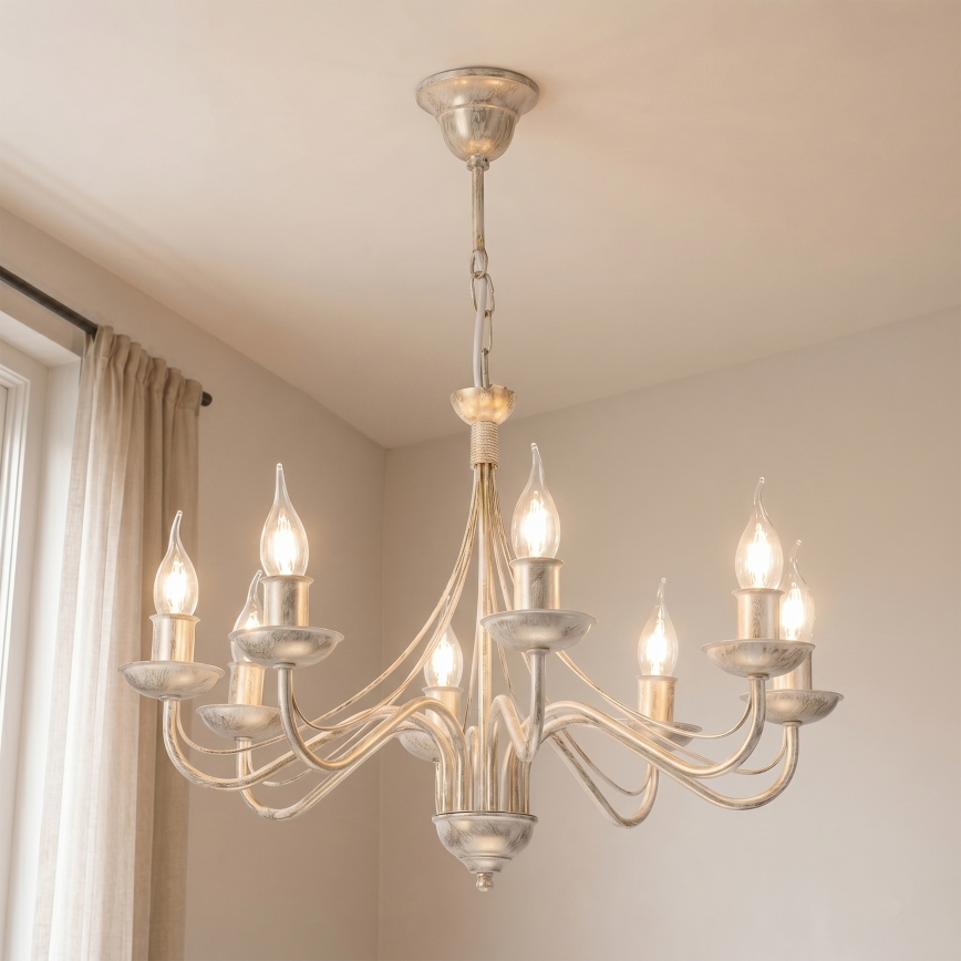 Kroonluchter aan ketting ANTON 8xE14/60W/230V witte patina