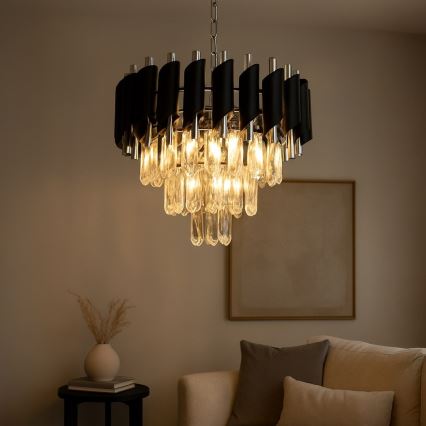 Kroonluchter aan ketting CRISTAL 5xE14/10W/230V Ø 38 cm zwart/mat chroom
