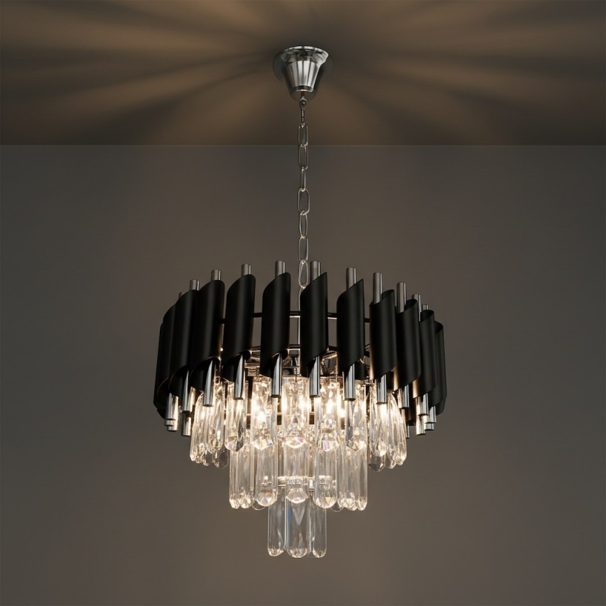 Kroonluchter aan ketting CRISTAL 5xE14/10W/230V Ø 38 cm zwart/mat chroom