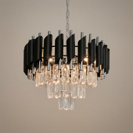 Kroonluchter aan ketting CRISTAL 5xE14/10W/230V Ø 38 cm zwart/mat chroom