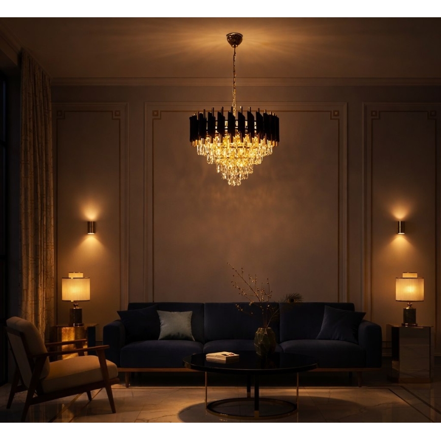 Kroonluchter CRISTAL met ketting 7xE14/10W/230V zwart/goud