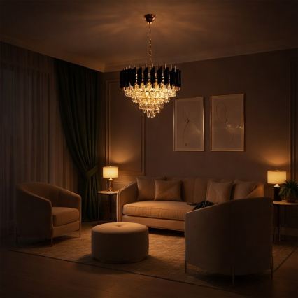 Kroonluchter CRISTAL met ketting 7xE14/10W/230V zwart/goud