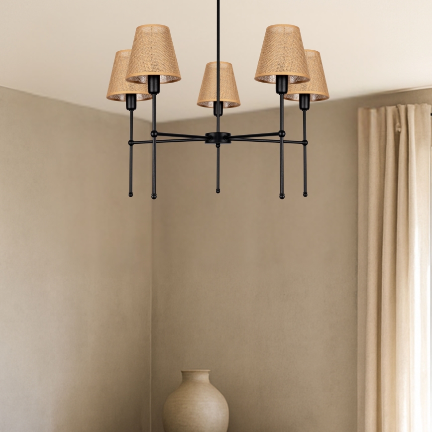 Kroonluchter met stang MADELA 5xE14/40W/230V jute/zwart
