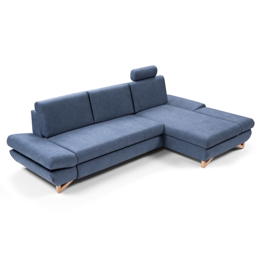 L-vormige gestoffeerde opvouwbare hoekbank met opbergruimte AVESTA rechts blauw