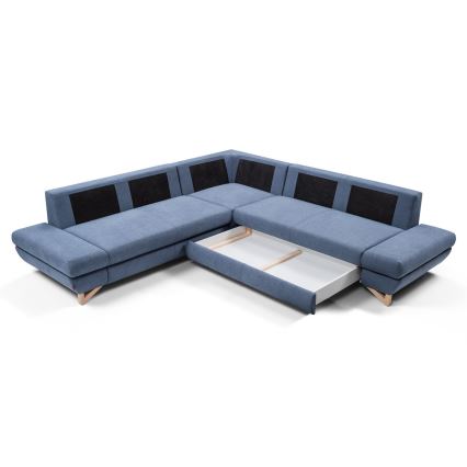 L-vormige gestoffeerde opvouwbare hoekbank met opbergruimte AVESTA rechts blauw