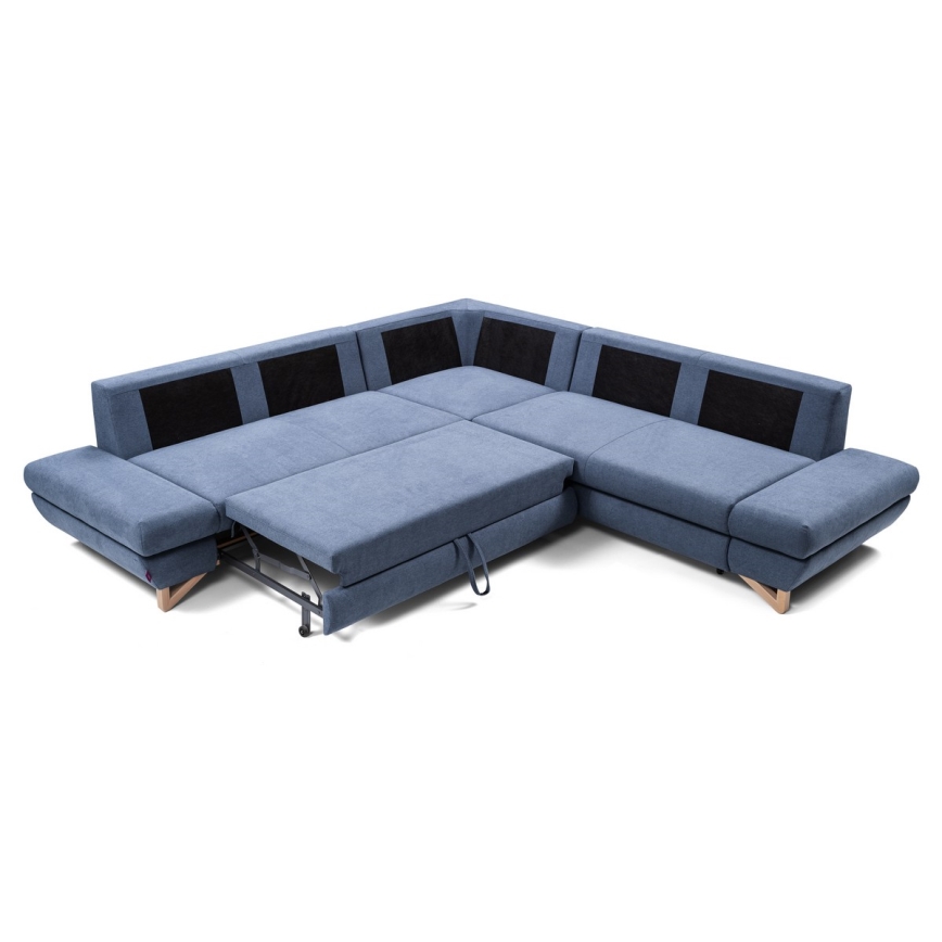 L-vormige gestoffeerde opvouwbare hoekbank met opbergruimte AVESTA rechts blauw