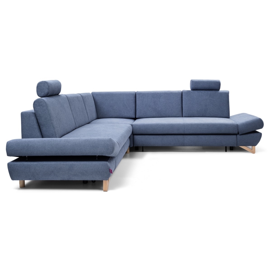 L-vormige gestoffeerde opvouwbare hoekbank met opbergruimte AVESTA rechts blauw