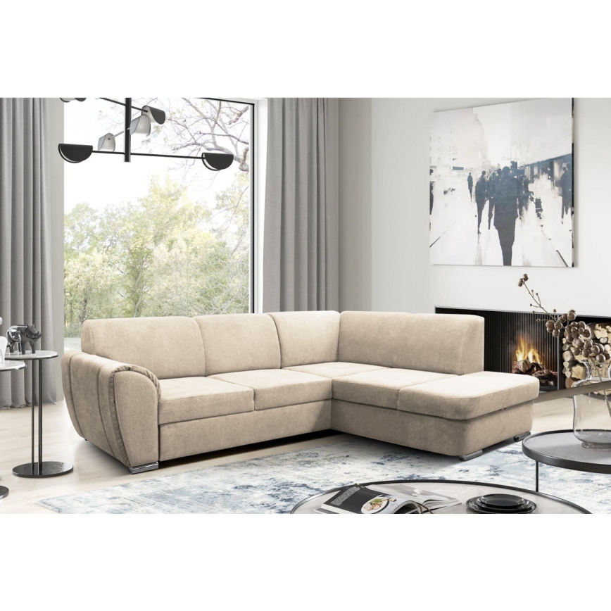 L-vormige gestoffeerde opvouwbare hoekbank SERPA rechts beige