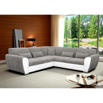 L-vormige hoekbank VISEU met slaapfunctie en opbergruimte, chaise longue rechts, grijs/wit