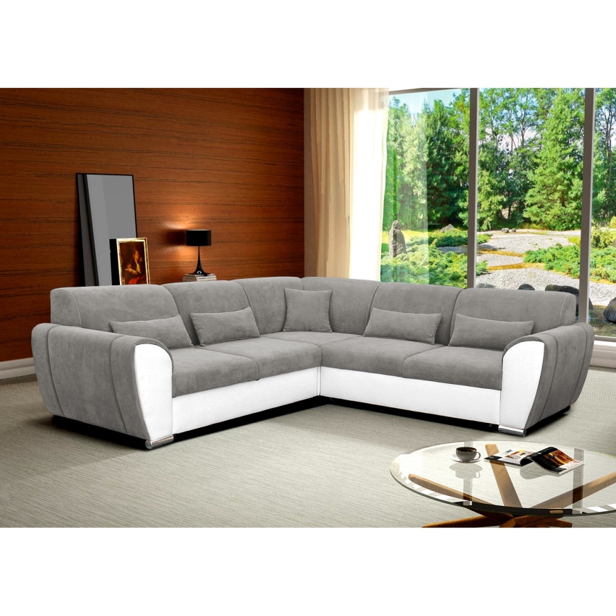 L-vormige hoekbank VISEU met slaapfunctie en opbergruimte, chaise longue rechts, grijs/wit