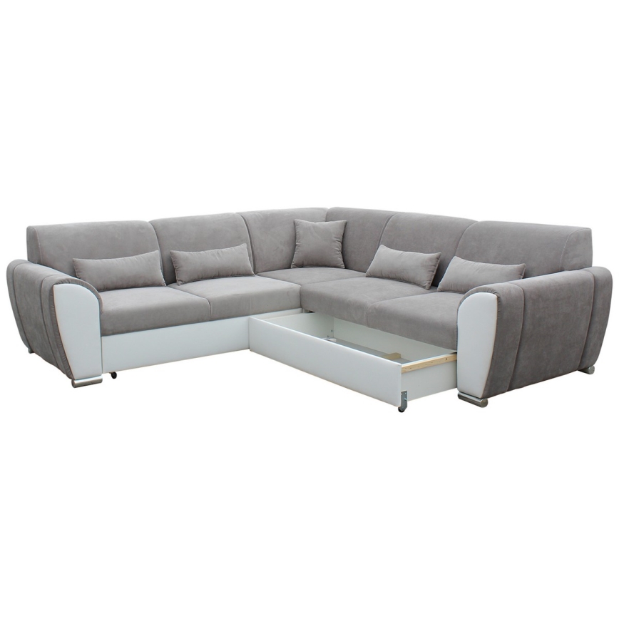 L-vormige hoekbank VISEU met slaapfunctie en opbergruimte, chaise longue rechts, grijs/wit