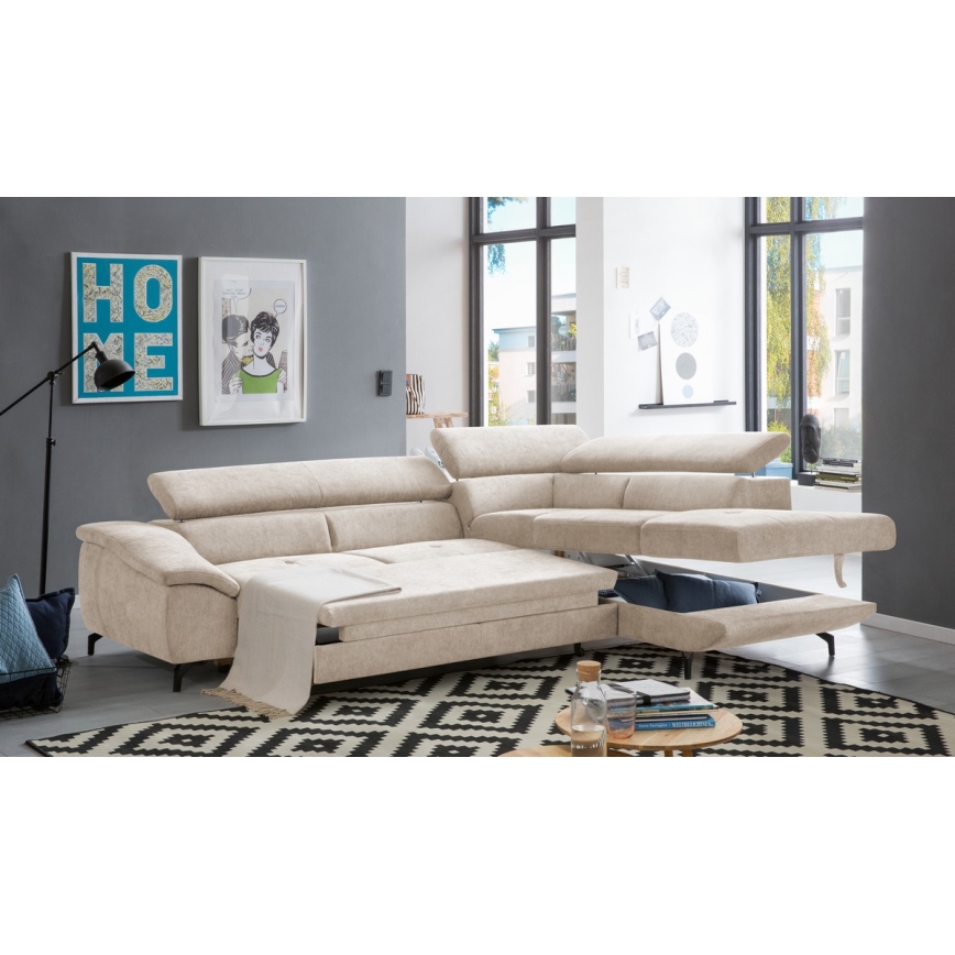 L-vormige opvouwbare hoekbank met opbergruimte BRESCIA rechts beige