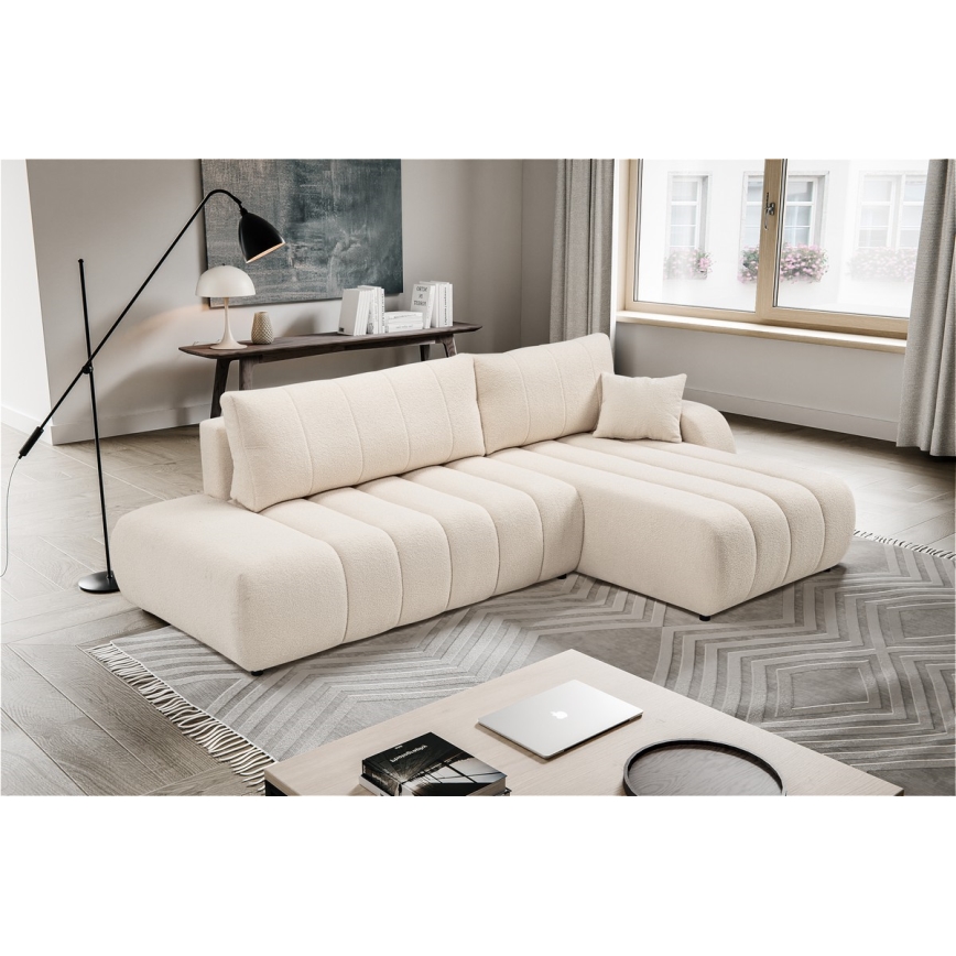 L-vormige opvouwbare hoekbank met opbergruimte DESIO rechts beige