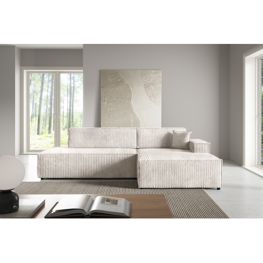 L-vormige opvouwbare hoekbank met opbergruimte TERAMO rechts beige