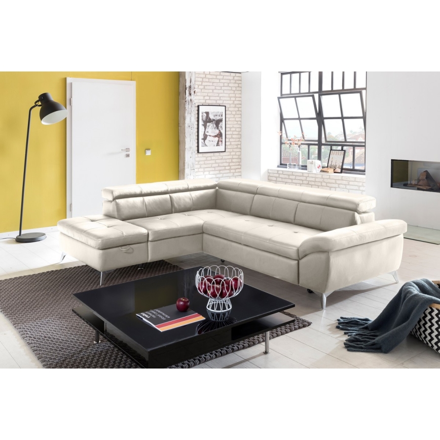 L-vormige opvouwbare hoekbank van leer SALERNO II links beige