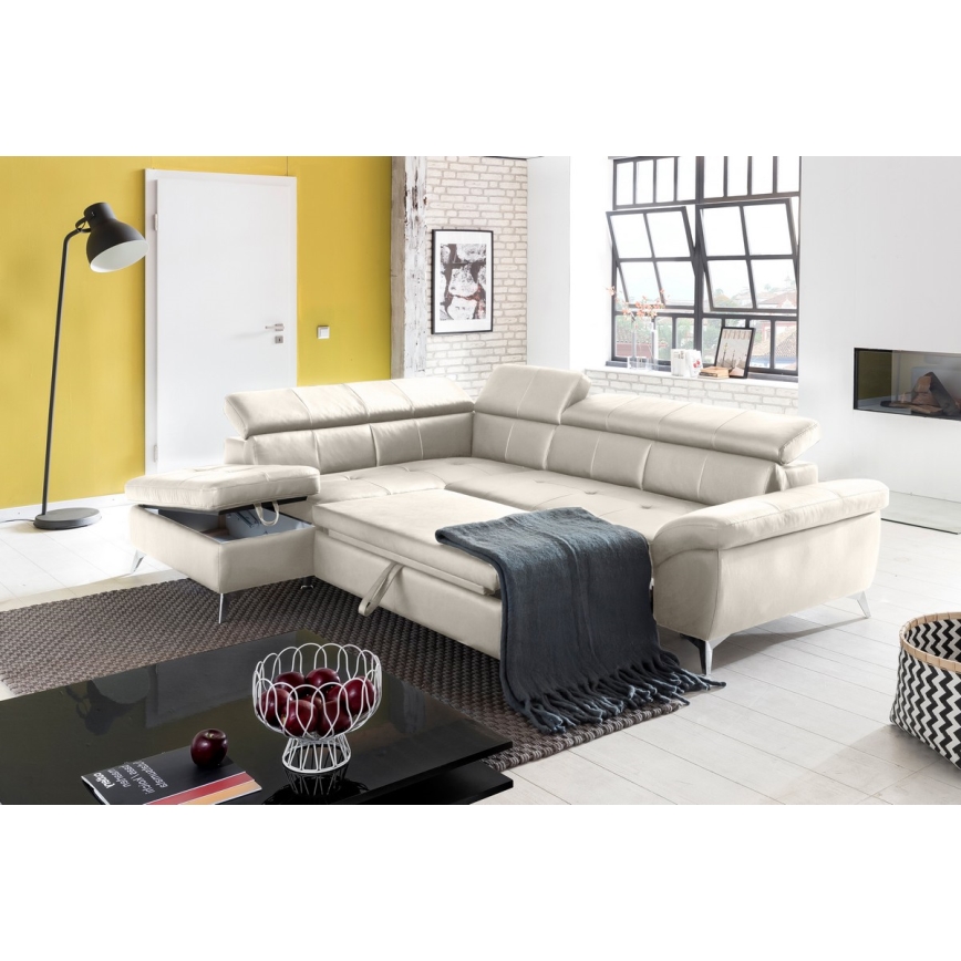 L-vormige opvouwbare hoekbank van leer SALERNO II links beige
