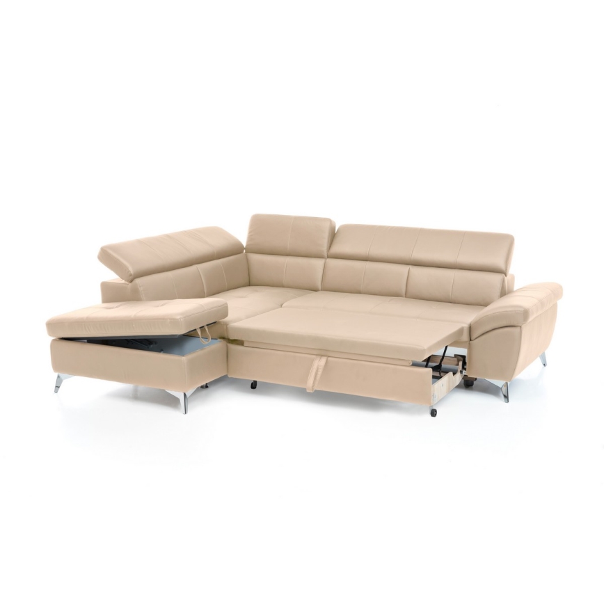 L-vormige opvouwbare hoekbank van leer SALERNO II links beige