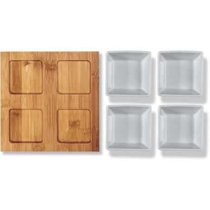 Lamart - Set 4x porseleinen kom 19x19 cm + houten dienblad