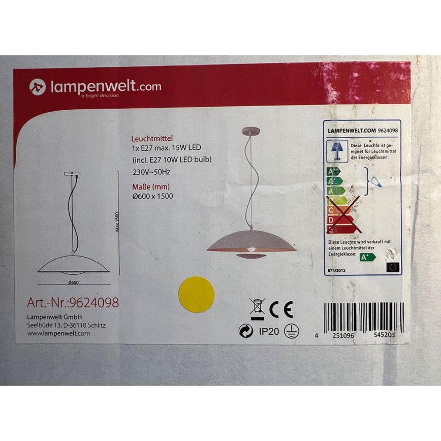 Lampenwelt - LED RGBW Dimbare hanglamp aan een koord ARTHUR 1xE27/10W/230V Wi-Fi