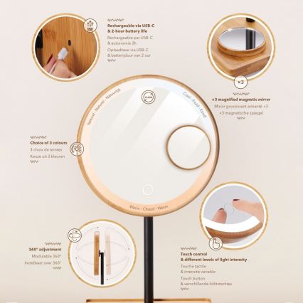 Lanaform - Dimbare cosmetische spiegel met LED-achtergrondverlichting, 5V USB, bamboe
