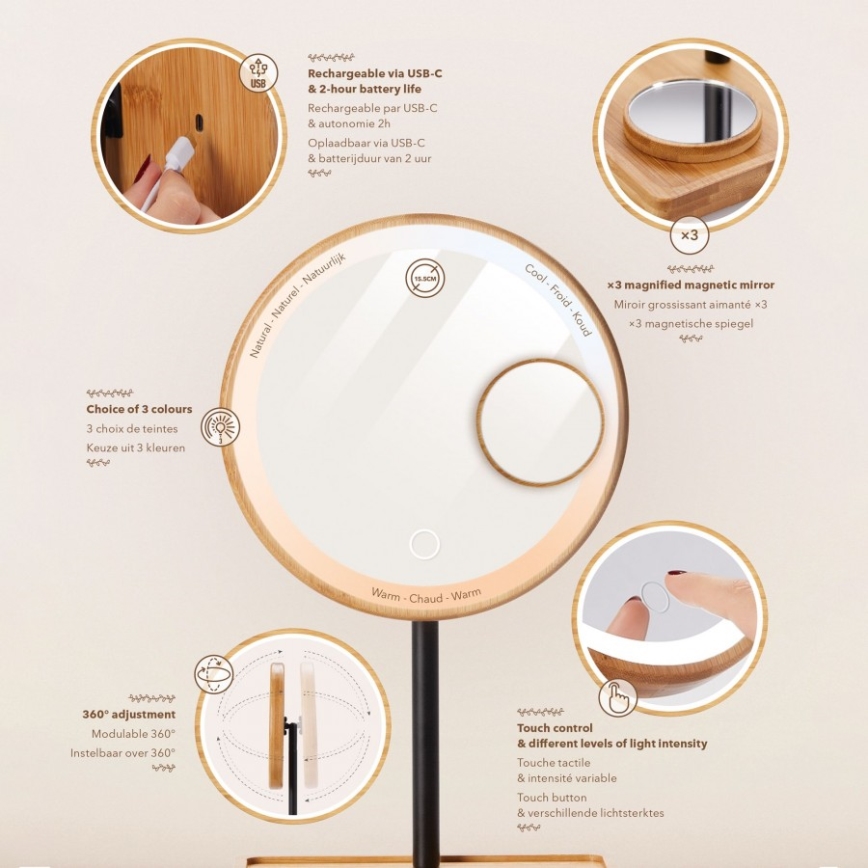 Lanaform - Dimbare cosmetische spiegel met LED-achtergrondverlichting, 5V USB, bamboe